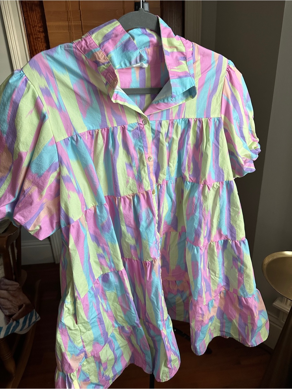 Peach Love California Pastel Tiered Button-Front Top - Pink, Blue, Green